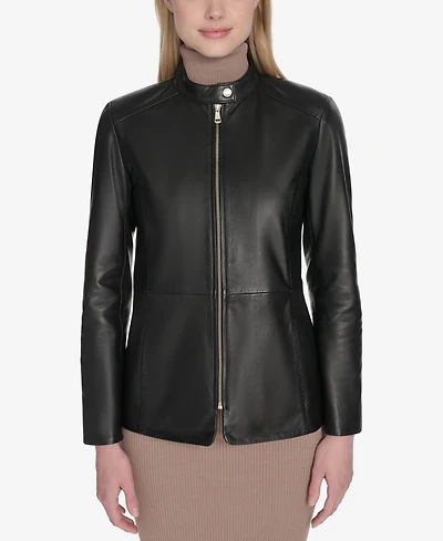 Cole Haan Women's Hand Stitched Detail Stand Collar Leather Jacket