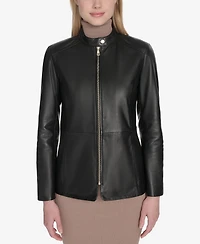 Cole Haan Women's Hand Stitched Detail Stand Collar Leather Jacket