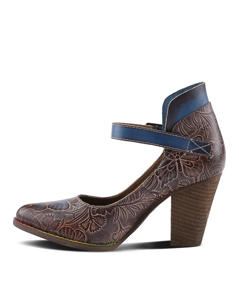 L Artiste Women s Foxglove Leather Pumps with Floral Butterfly Art, Ankle Strap, and Stacked Western Heel