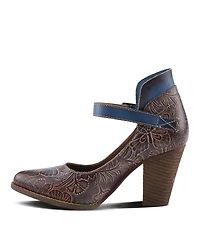 L Artiste Women s Foxglove Leather Pumps with Floral Butterfly Art, Ankle Strap, and Stacked Western Heel