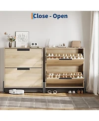 Shoe Storage Cabinet with 2 Flip Drawers, Freestanding Shoe Organizer with Metal Legs, Adjustable Shelf Narrow Shoe Rack Cabinet for Entryway, Foyer,