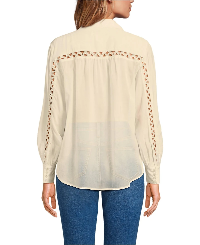 Lands' End Women's Voile Shirred Trim Insert Shirt