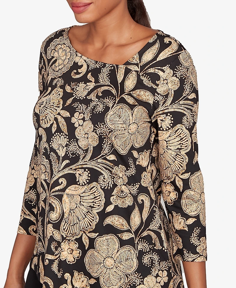 Ruby Rd. Petite Gold Foil Floral Printed Knit Top