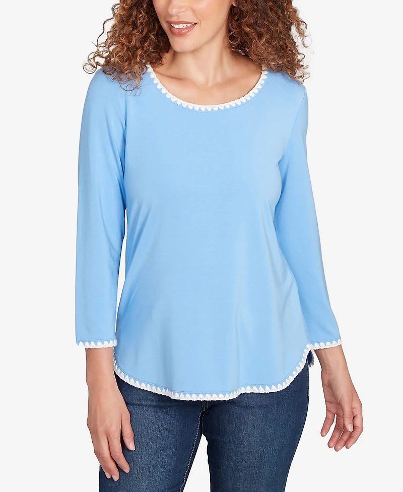 Ruby Rd. Petite Contrast Embroidered Solid Knit Top