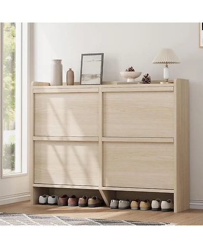 Shoe Cabinet with 4 Flip Drawers, Wooden Shoe Organizer Cabinet with Adjustable Shelf, Shoe Storage for Entryway, Hidden Shoe Cabinet for Hallway, Liv