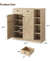 42" Tall Modern Shoe Storage Cabinet with Doors and Drawers, 3 Adjustable Shelves, 4-Tier Shoes Rack Organizer Cabinet for Entryway, Natural