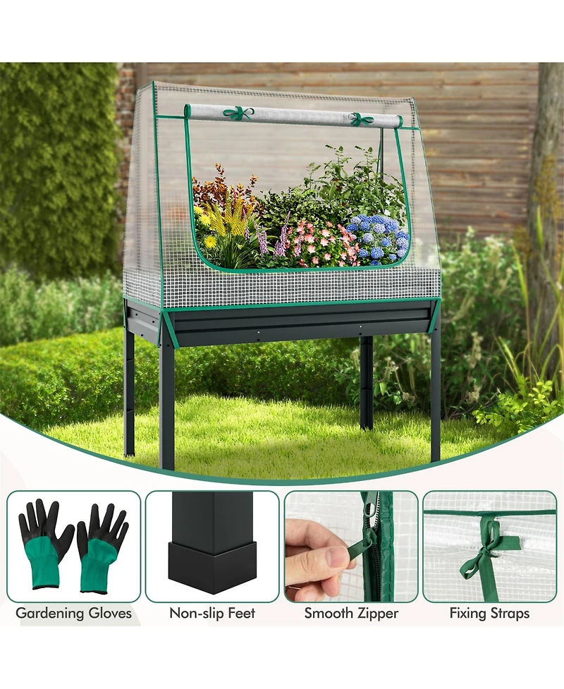Gymax Raised Garden Bed w/ Cover & Legs Roll-up Window Climbing Trellis Drainage Holes