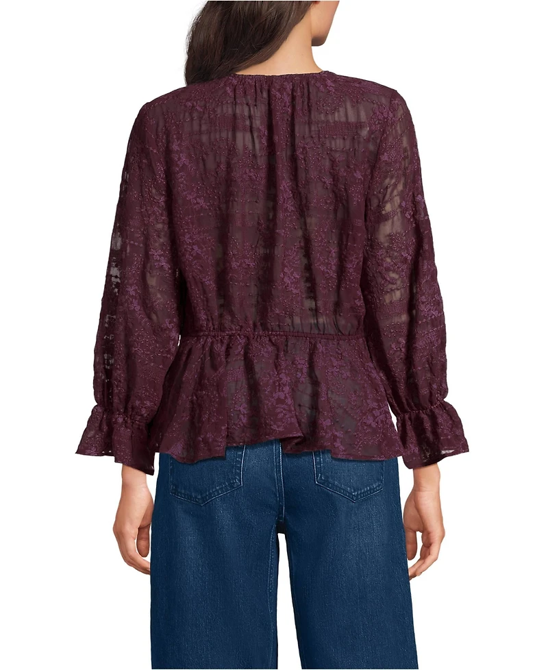 Lands' End Women's Feminine Ruffle Chiffon V Neck Blouse