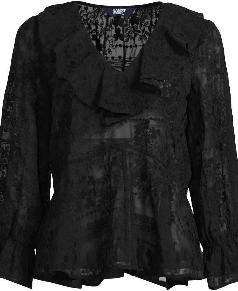 Lands' End Women's Feminine Ruffle Chiffon V Neck Blouse