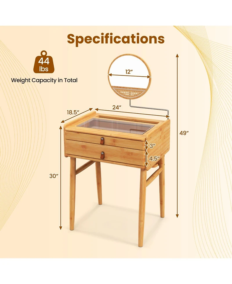 Volenca Bamboo Makeup Vanity Table with Mirror with 2 Storage Drawers
