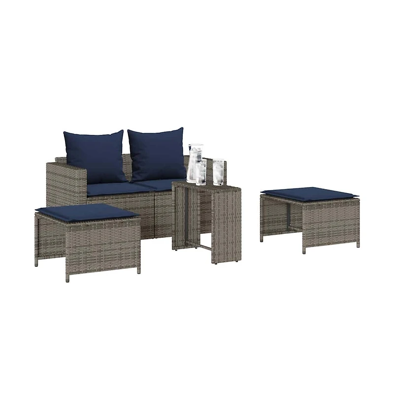 5 Piece Patio Sofa Set with Cushions Stackable Gray Poly Rattan