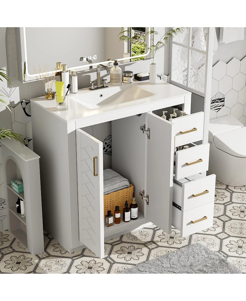 Lovmor 36inch Bathroom Vanity with Ceramic Sink Combo Solid Wood Frame Bathroom Storage Cabinet Freestanding Vanity Set with 3 Drawers Soft Closing Do