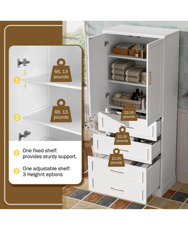 Lovmor 72inch Tall Freestanding Bathroom Cabinet with 3 Drawers Partitioned Standard Deep Adjustable Shelf Modern Elegant Style Soft Close Doors