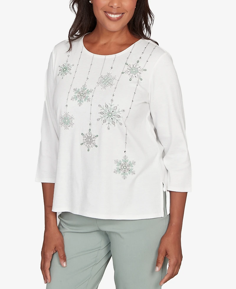 Alfred Dunner Petite Stockbridge Snowflake Cultivated Pearl Studded Shimmer Top