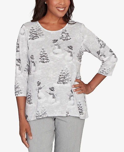 Alfred Dunner Petite Stockbridge Playful Snowmen Scene Knit Top