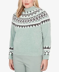 Alfred Dunner Petite Stockbridge Fair Isle Pattern Chenille Sweater