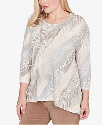 Alfred Dunner Petite Vienna Diagonal Animal Print Top with Necklace