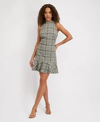 kensie Women's Mock Neck Sleeveless Plaid Woven Dress