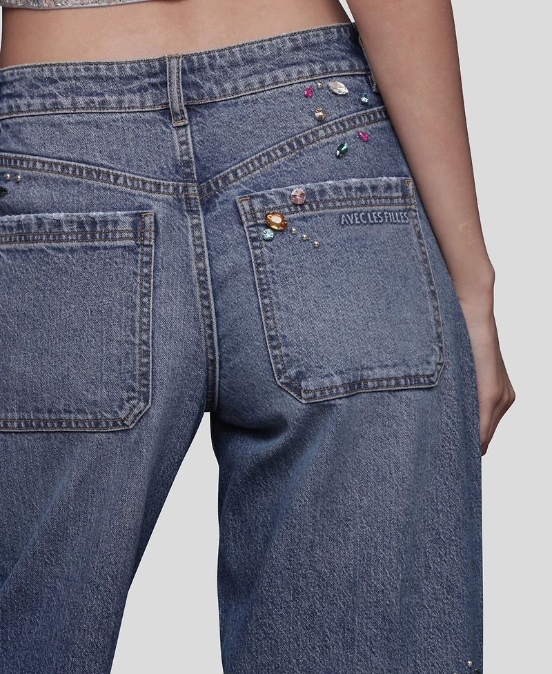 Avec Les Filles Women's Bejeweled Wide Leg Jeans