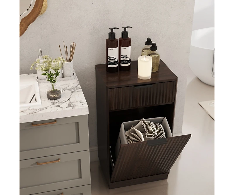 Chic Crate 10 Gal Tilt Out Trash Can Cabinet Woodgrain Wave Textured Pull Out Bin, Walnut Finish Kitchen Organizer