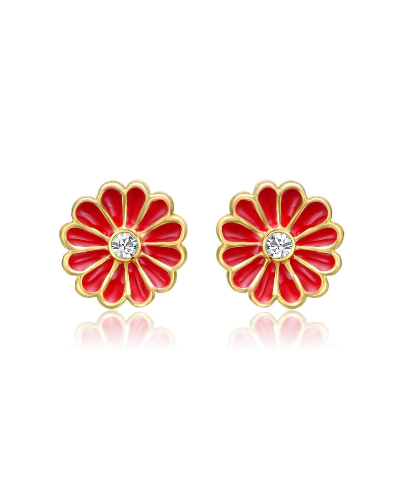GiGiGirl Sterling Silver 14K Gold Plated with Clear Cubic Zirconia & Colored Enamel Flower Stud Earrings
