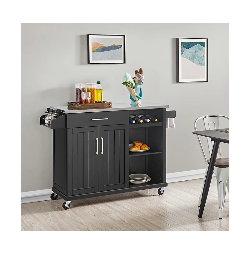 36” H Kitchen Island Cart with Stainless Steel Top and Storage White
