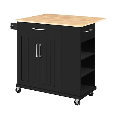 36” H Kitchen Island Cart on Wheels with Solid Wood Top & Storage White