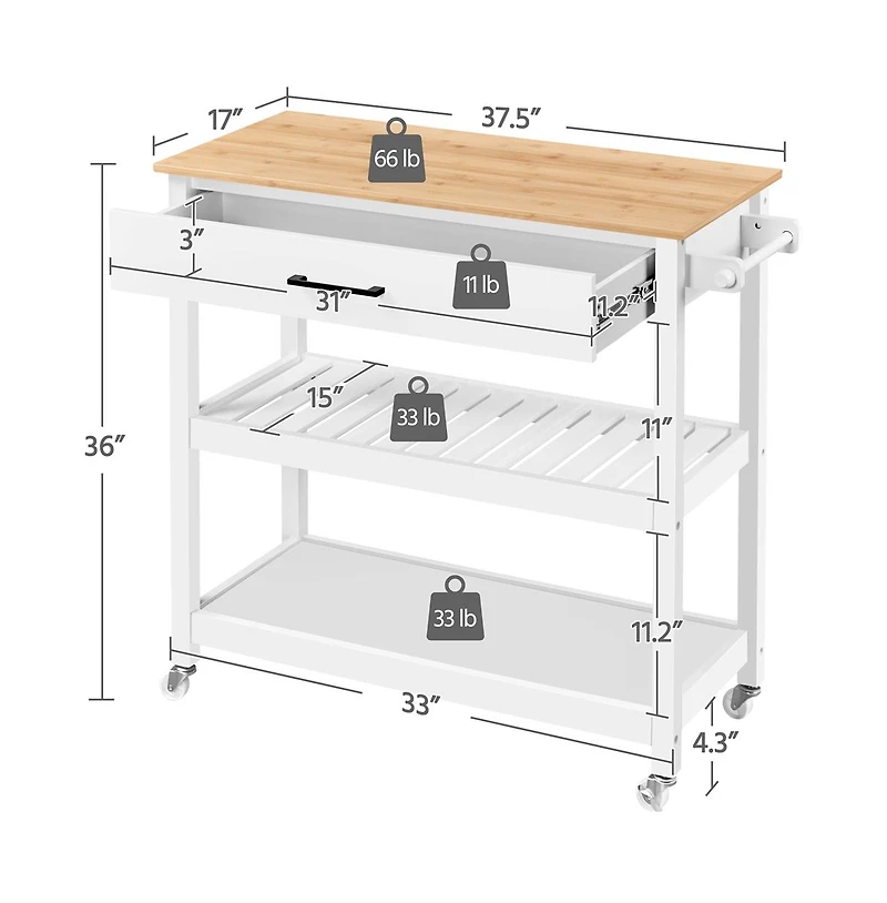 Rolling Kitchen Cart with Solid Wood Countertop Espresso