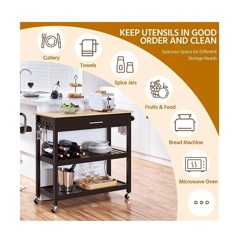 Rolling Kitchen Cart with Solid Wood Countertop Espresso