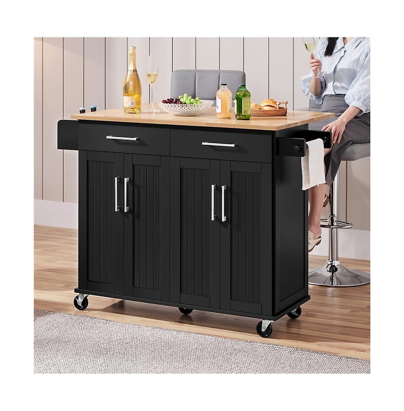 36” H Kitchen Island on Wheels with Solid Wood Tabletop White