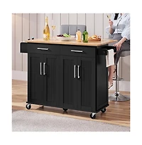 36” H Kitchen Island on Wheels with Solid Wood Tabletop White