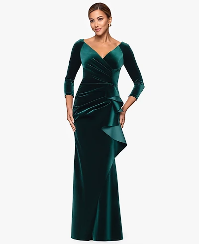 Xscape Women's V-Neck Ruffle-Front Long-Sleeve Gown