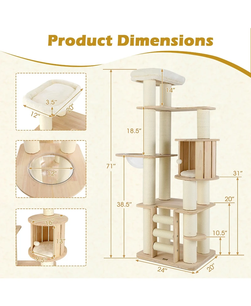 Gymax 71'' Tall Cat Tree w/Cozy Perch Condo Space Capsule 4.6'' Scratching Posts