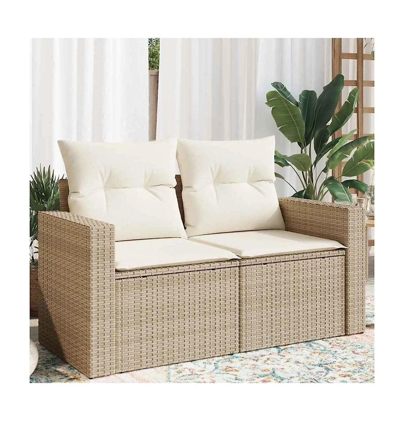 Garden Sofa Beige Pe Rattan, Powder-Coated Steel, Polyester Medium