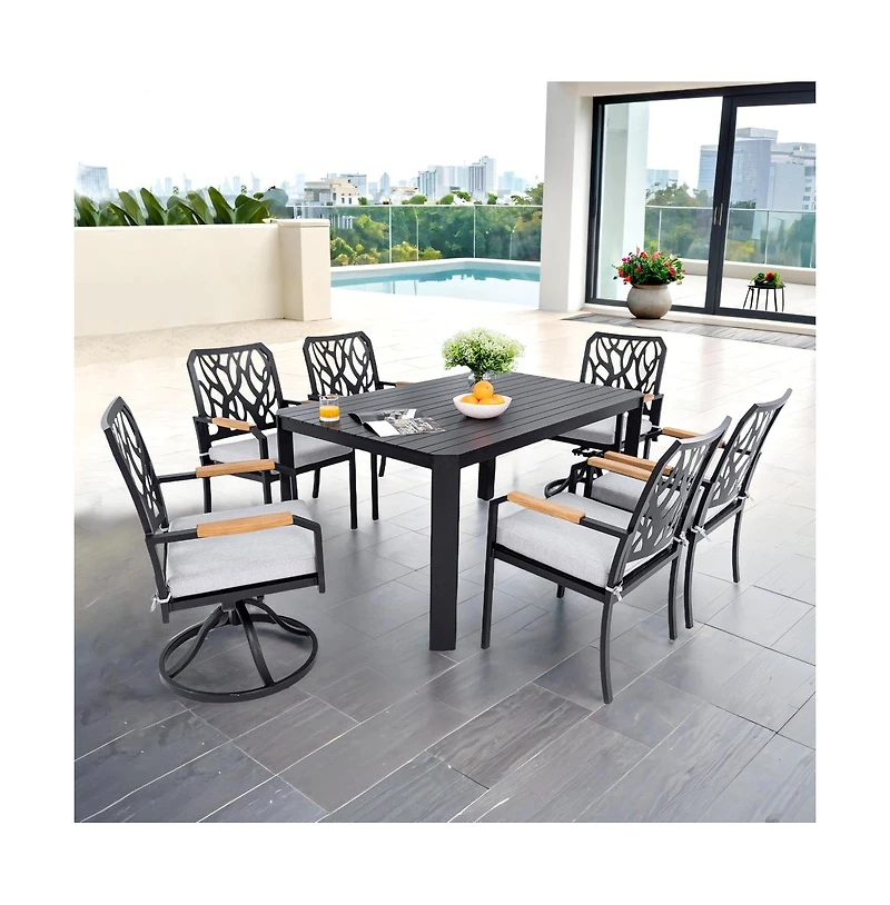 Chic Crate - 7-Piece Aluminum Patio Furniture Set - Modern Outdoor Dining with 4 Chairs & 2 Swivel Rockers