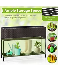 Gymax Elevated Planter Box Raised Garden Bed w/ Rattan Surface Bottom Storage Shelf & Removable Liner