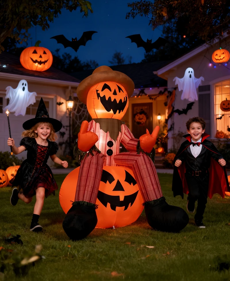 6FT Halloween Inflatable Pumpkin Head Scarecrow with Led Lights for Outdoor Yard and Lawn Decoration