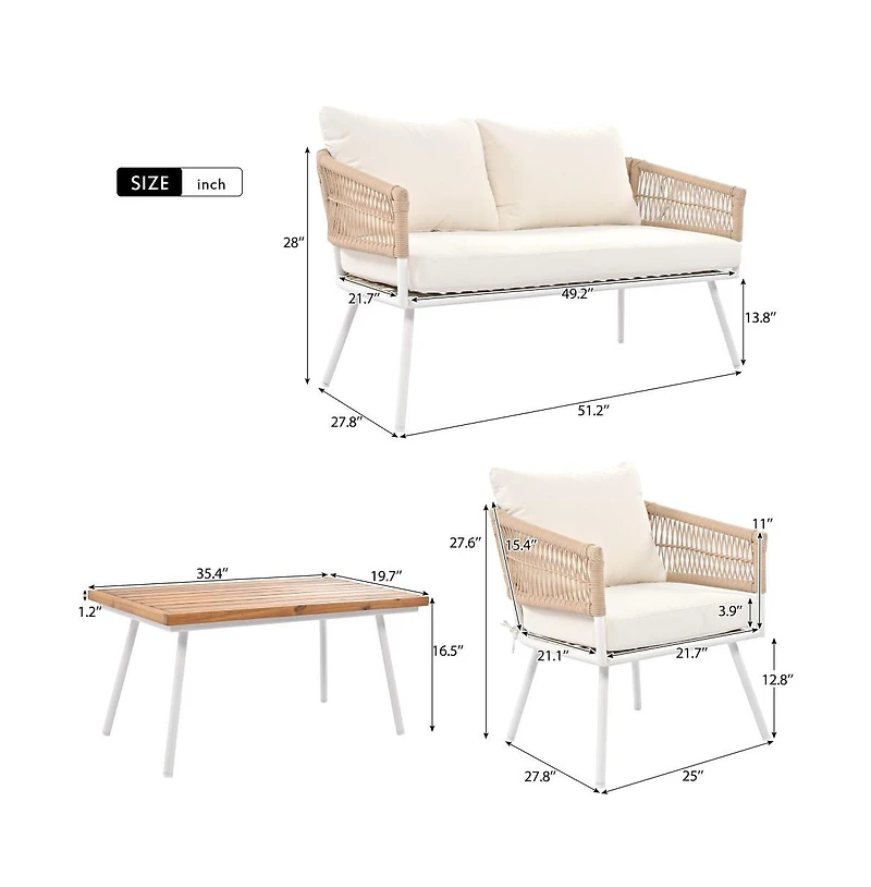 Chic Crate - 4-Piece Patio Furniture Set with Acacia Wood Table, Boho Rope Design & Cushions – Creamy Beige Outdoor Seating