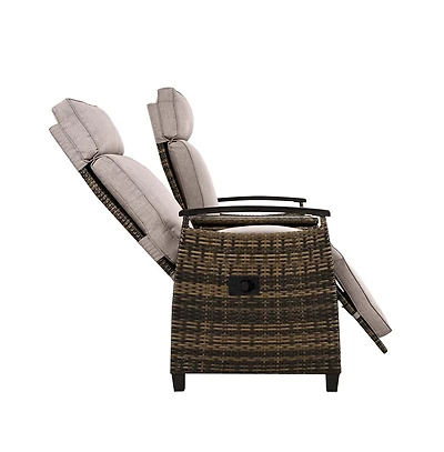 Chic Crate-Adjustable Backrest Wicker Outdoor Recliner Loveseat Set with Acacia Wood Armrests & Built-in Storage Table (Brown)