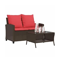 Patio Sofa 2-Seater with Cushions&Table Brown Poly Rattan