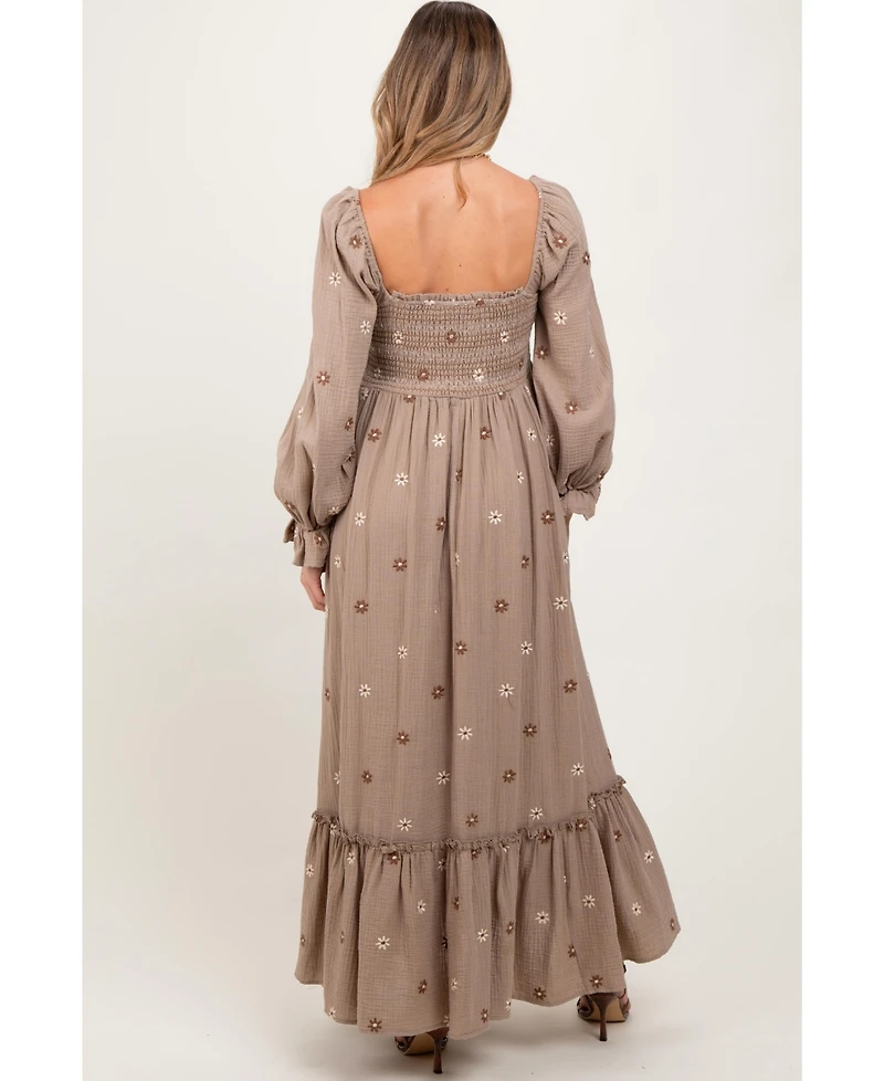 Pinkblush Maternity Grey Taupe Long Sleeve Floral Accent Dress