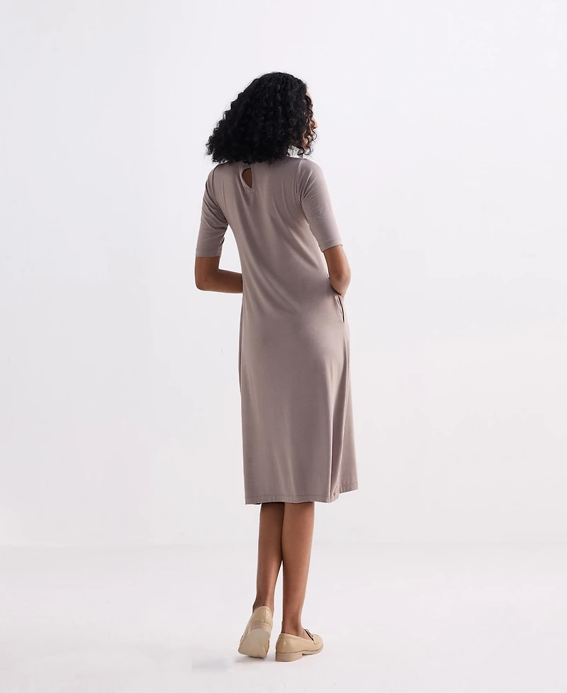 Reistor Women's High Crew Neck Elbow Sleeves Fitted Dress Dusty Brown