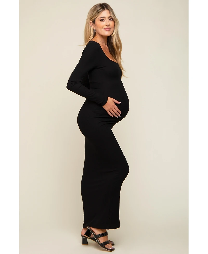 Pinkblush Black Ribbed Long Sleeve Square Neck Maternity Maxi Dress