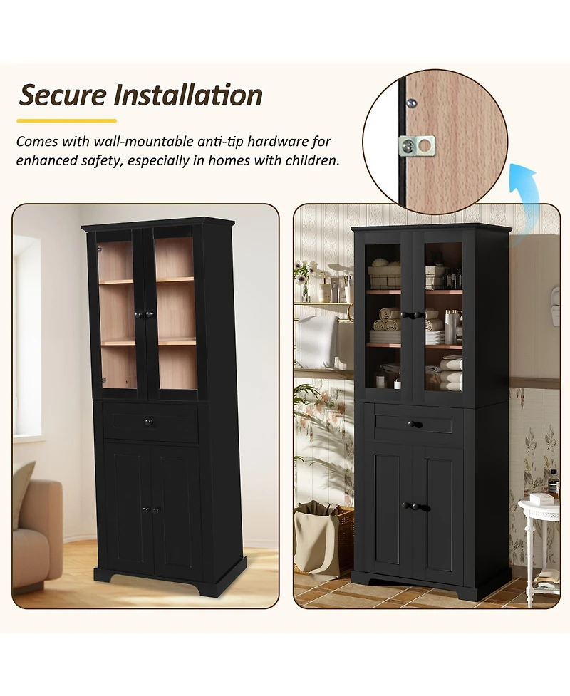 Lovmor 67inch Tall Bathroom Storage Cabinet with Tempered Glass Doors Adjustable Shelves Drawer Modern Freestanding Linen Tower Soft Close Design