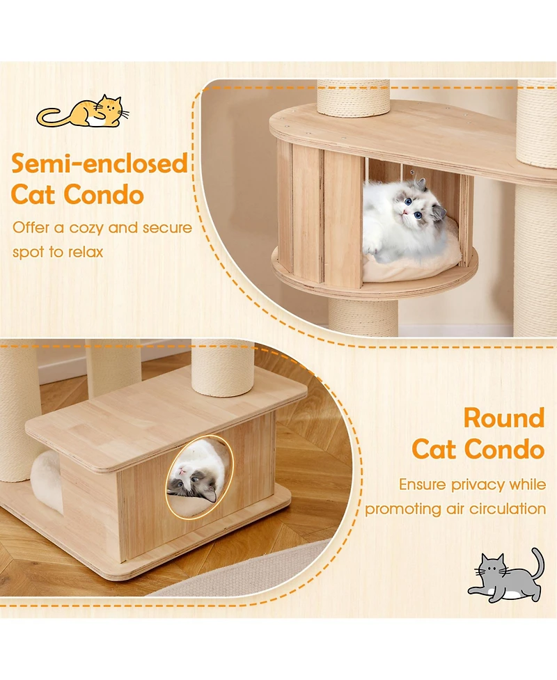 Gymax 69'' Tall Cat Tree Wooden Kitten Tower w/ 2 Condos Cozy Top Perch Space Capsule
