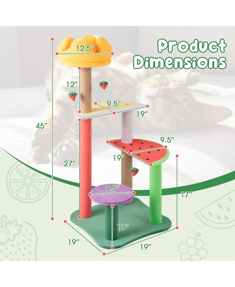 Gymax 45'' Tall Cat Tree w/ Plush Padded Top Perch Fruit-Shaped Platforms Dangling Balls