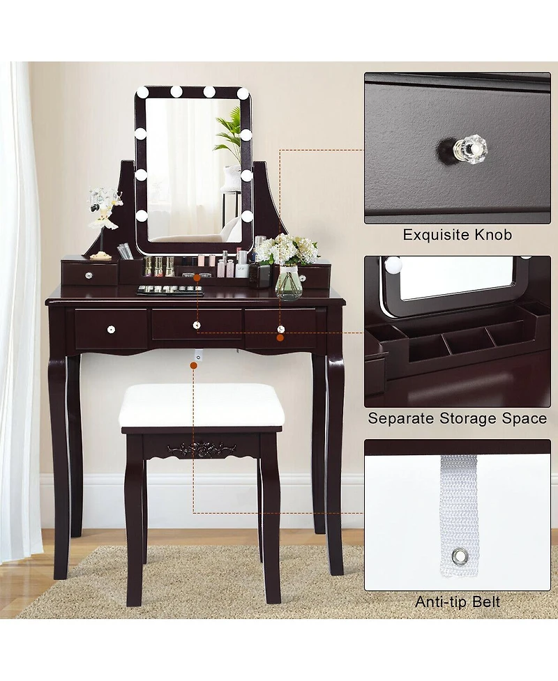 Volenca 10 Dimmable Light Bulbs Vanity Dressing Table with 2 Dividers and Cushioned Stool