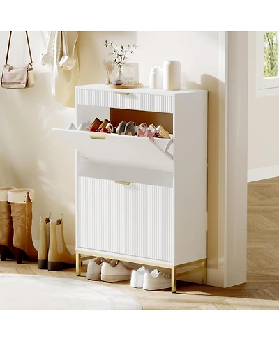 Fluted shoe cabinet with 2 flip drawers, 1 drawer, and a hook. Modern farmhouse style with metal legs. Perfect for narrow entryways,White