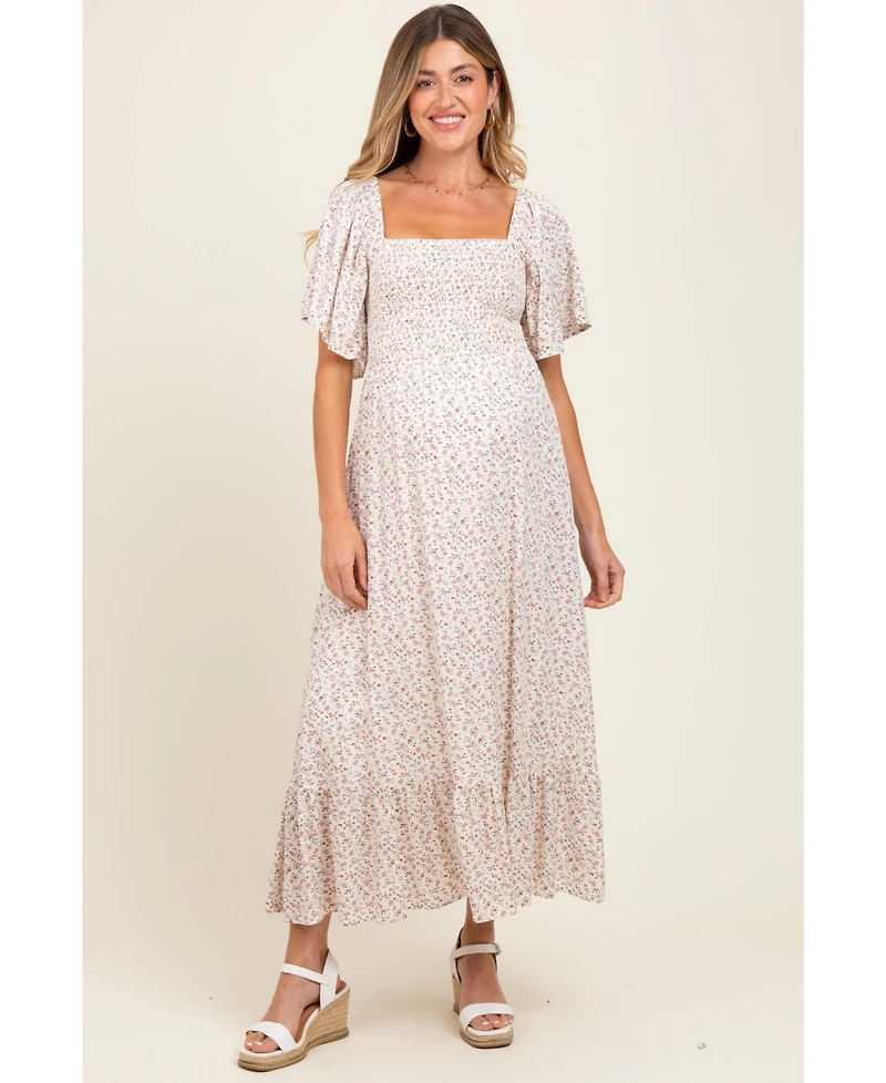 Pinkblush Cream Multi Ditsy Floral Smocked Maternity Midi Dress