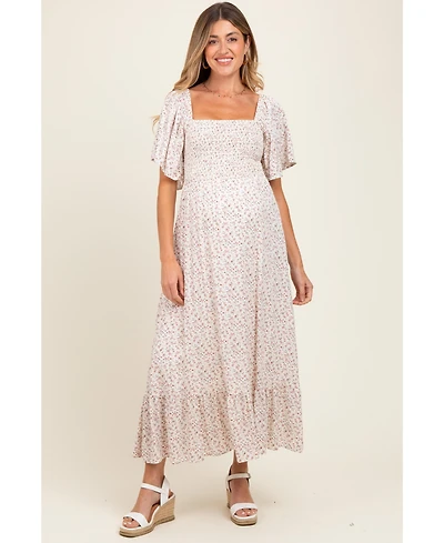 Pinkblush Cream Multi Ditsy Floral Smocked Maternity Midi Dress